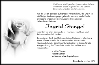 Traueranzeige von Ingrid Stengel von Südthüringer Presse