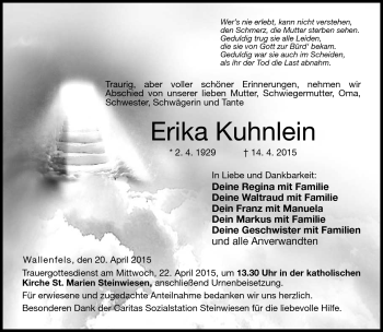 Traueranzeige von Erika Kuhnlein von Neue Presse Coburg