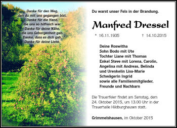 Traueranzeige von Manfred Dressel von Südthüringer Presse