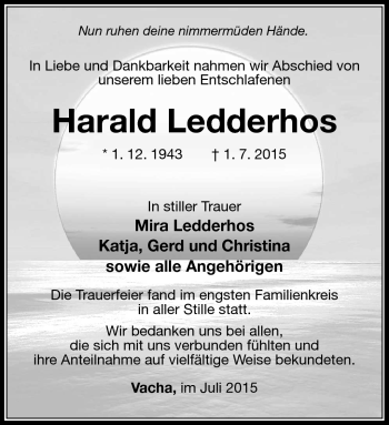 Traueranzeige von Harald Ledderhos von Südthüringer Presse