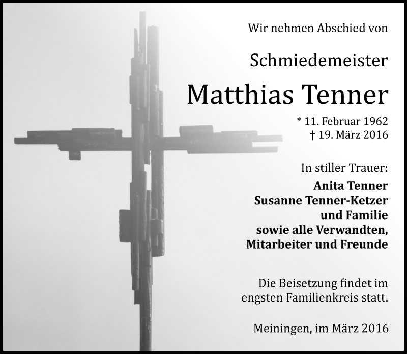  Traueranzeige für Matthias Tenner vom 26.03.2016 aus Südthüringer Presse