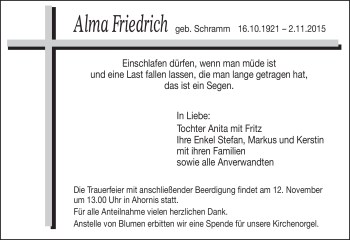 Traueranzeige von Alma Friedrich von Frankenpost