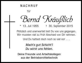Traueranzeige von Bernd Kräußlich von Neue Presse Coburg