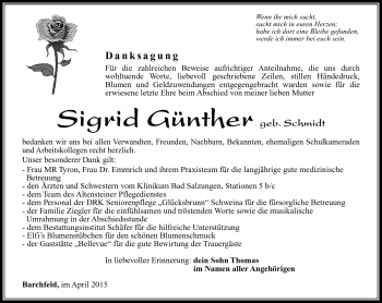 Traueranzeige von Sigrid Günther von Südthüringer Presse