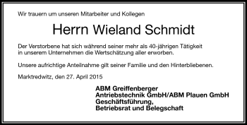 Traueranzeige von Wieland Schmidt von Frankenpost