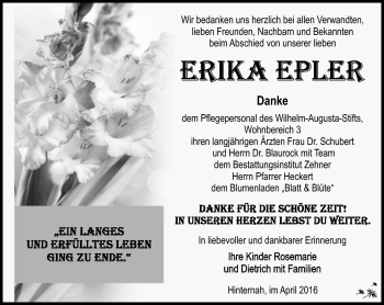 Traueranzeige von Erika Epler von Südthüringer Presse