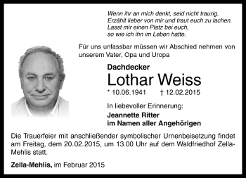 Traueranzeige von Lothar Weiss von Südthüringer Presse