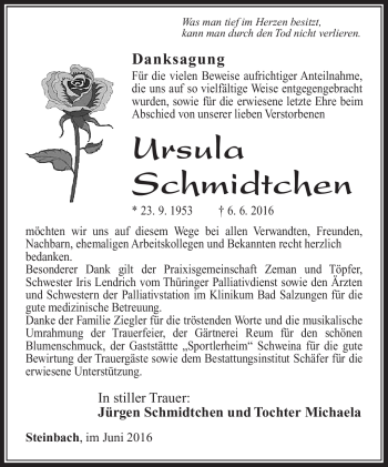 Traueranzeige von Ursula Schmidtchen von Südthüringer Presse