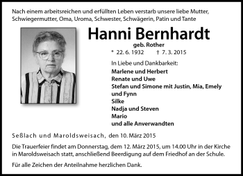 Traueranzeige von Hanni Bernhardt von Neue Presse Coburg