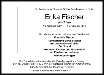 Traueranzeige von Erika Fischer von Frankenpost
