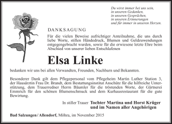 Traueranzeige von Elsa Linke von Südthüringer Presse