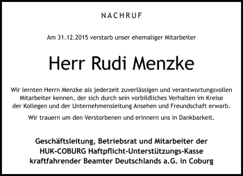 Traueranzeige von Rudi Menzke von Neue Presse Coburg