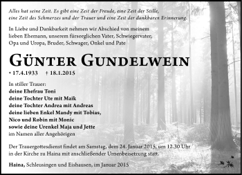 Traueranzeige von Günter Gundelwein von Südthüringer Presse