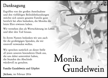 Traueranzeige von Monika Gundelwein von Südthüringer Presse