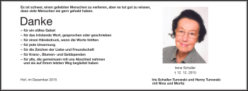 Traueranzeige von Irene Schaller von Frankenpost