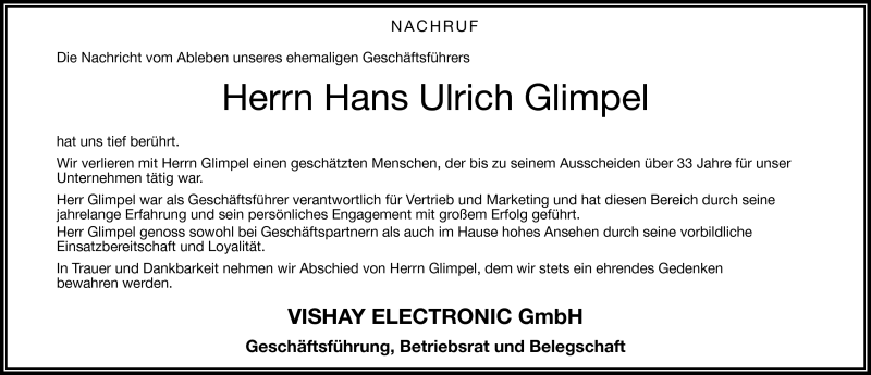  Traueranzeige für Hans Urlich Glimpel vom 09.09.2015 aus Frankenpost