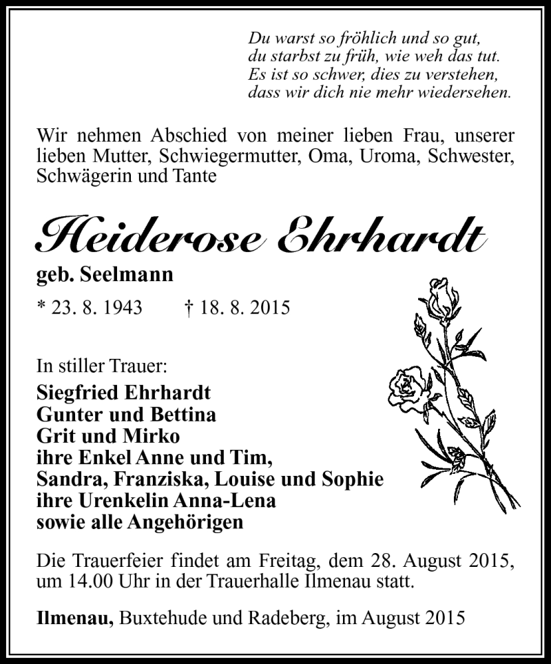  Traueranzeige für Heiderose Ehrhardt vom 22.08.2015 aus Südthüringer Presse