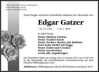 Traueranzeige von Edgar Gatzer von Südthüringer Presse