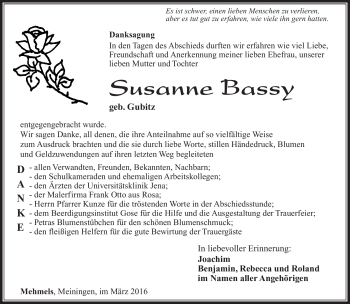 Traueranzeige von Susanne Bassy von Südthüringer Presse