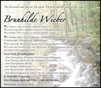 Traueranzeige von Brunhilde Wieber von Südthüringer Presse
