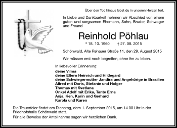 Traueranzeige von Reinhold Pöhlau von Frankenpost
