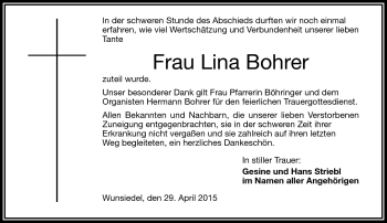 Traueranzeige von Lina Bohrer von Frankenpost