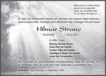 Traueranzeige von Hilmar Stranz von Südthüringer Presse