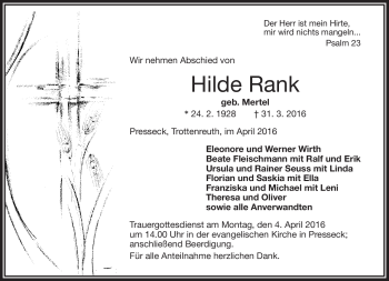 Traueranzeige von Hilde Rank von Frankenpost