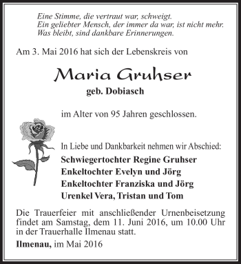 Traueranzeige von Maria Gruhser von Südthüringer Presse