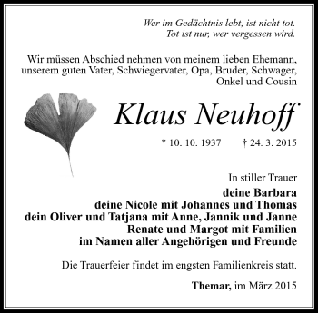 Traueranzeige von Klaus Neuhoff von Südthüringer Presse