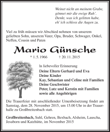 Traueranzeige von Mario Günsche von Südthüringer Presse