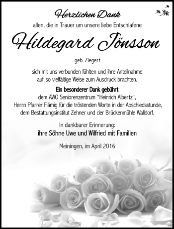 Traueranzeige von Hildegard Jönsson von Südthüringer Presse