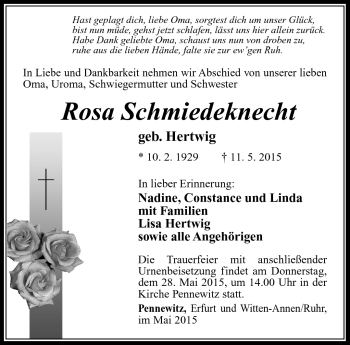 Traueranzeige von Rosa Schmiedeknecht von Südthüringer Presse