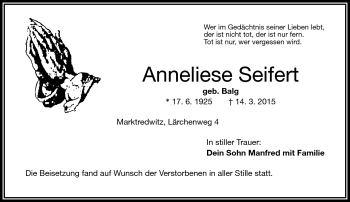 Traueranzeige von Anneliese Seifert von Frankenpost