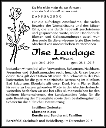 Traueranzeige von ilse Laudage von Südthüringer Presse