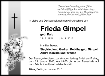 Traueranzeige von Frieda Gimpel von Südthüringer Presse