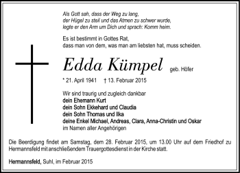 Traueranzeige von Edda Kümpel von Südthüringer Presse
