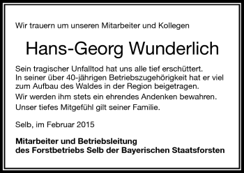 Traueranzeige von Hans-Georg Wunderlich von Frankenpost