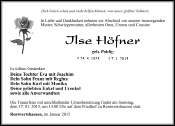 Traueranzeige von Ilse Höfner von Südthüringer Presse