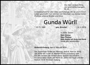 Traueranzeige von Gunda Würll von Neue Presse Coburg