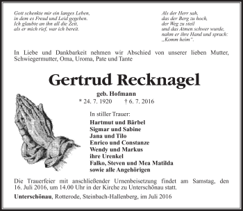 Traueranzeige von Gertrud Recknagel von Südthüringer Presse