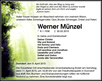 Traueranzeige von Werner Münzel von Südthüringer Presse