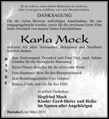 Traueranzeige von Karla Mock von Südthüringer Presse