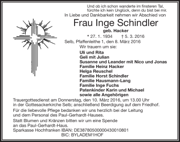 Traueranzeige von Inge Schindler von Frankenpost