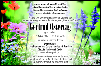 Traueranzeige von gertrud Ostertag von Südthüringer Presse