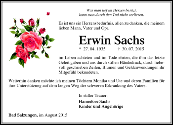 Traueranzeige von Erwin Sachs von Südthüringer Presse