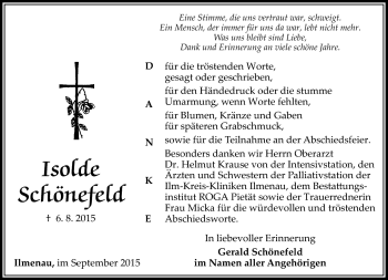 Traueranzeige von Isolde Schönefeld von Südthüringer Presse