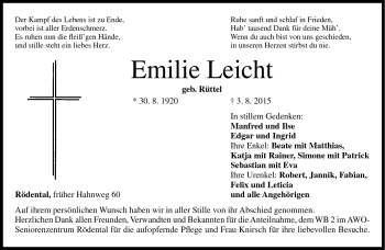 Traueranzeige von Emilie Leicht von Neue Presse Coburg
