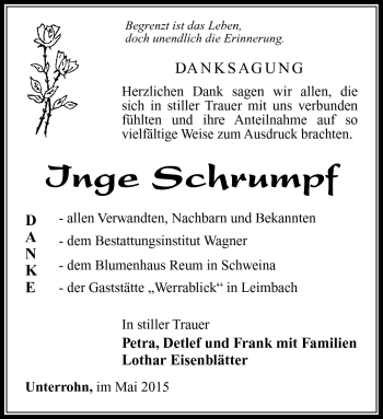 Traueranzeige von Inge Schrumpf von Südthüringer Presse