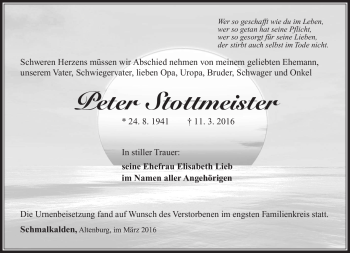 Traueranzeige von Peter Stottmeister von Südthüringer Presse